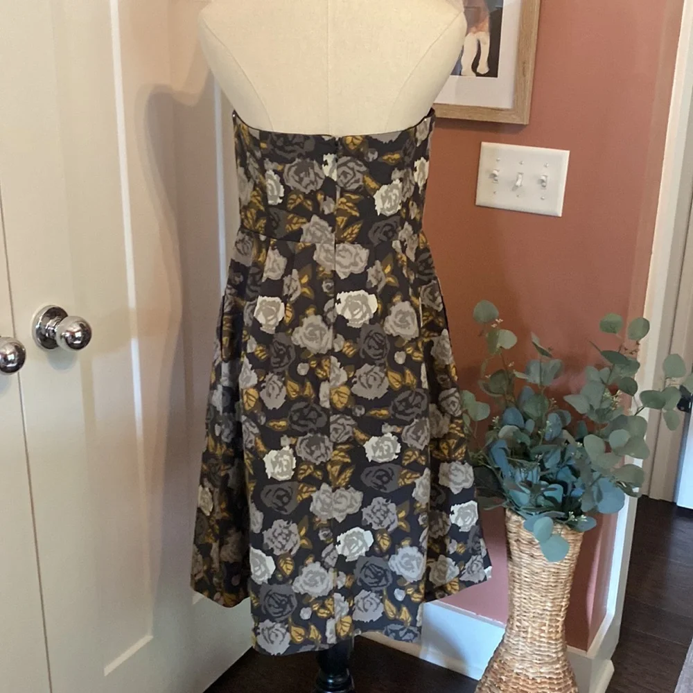 J. Crew Marielle Solstice floral strapless pockets gray gold 10 zipper dress - Picture 9 of 16